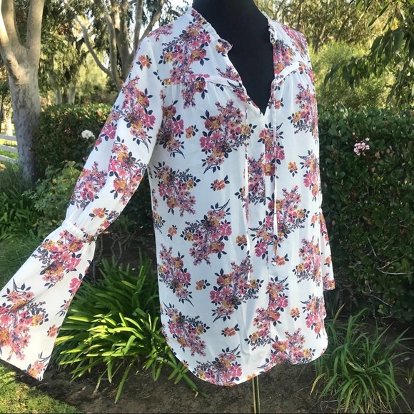 14th & Union Ivory Floral Bell Sleeve Blouse - Picture 1 of 7